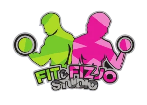 Kwadratowe Logo strony Fit&Fizjo Gdańsk. Przedstawia 2 postacie w kolorze zielonym oraz różowym. Postacie trzymają hantle.