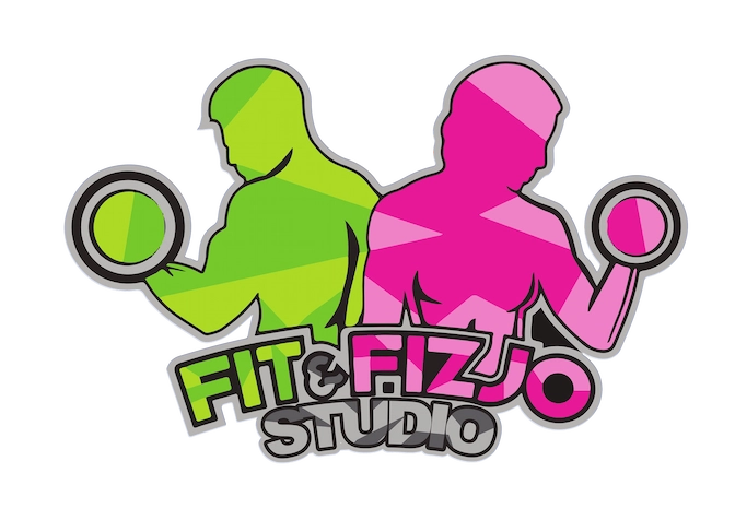 Kwadratowe Logo strony Fit&Fizjo Gdańsk. Przedstawia 2 postacie w kolorze zielonym oraz różowym. Postacie trzymają hantle.