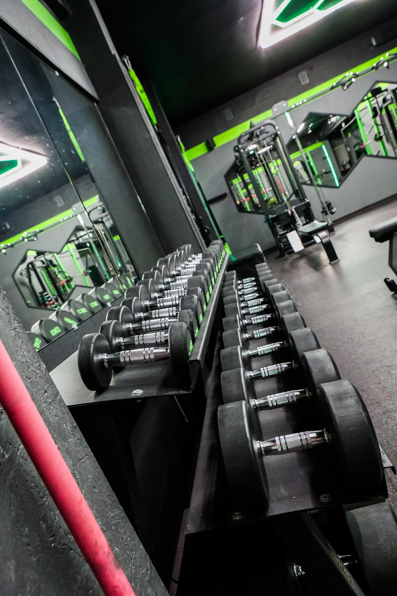 Stojak z hantlami przy lustrzanej ścianie – Fit&Fizjo Studio